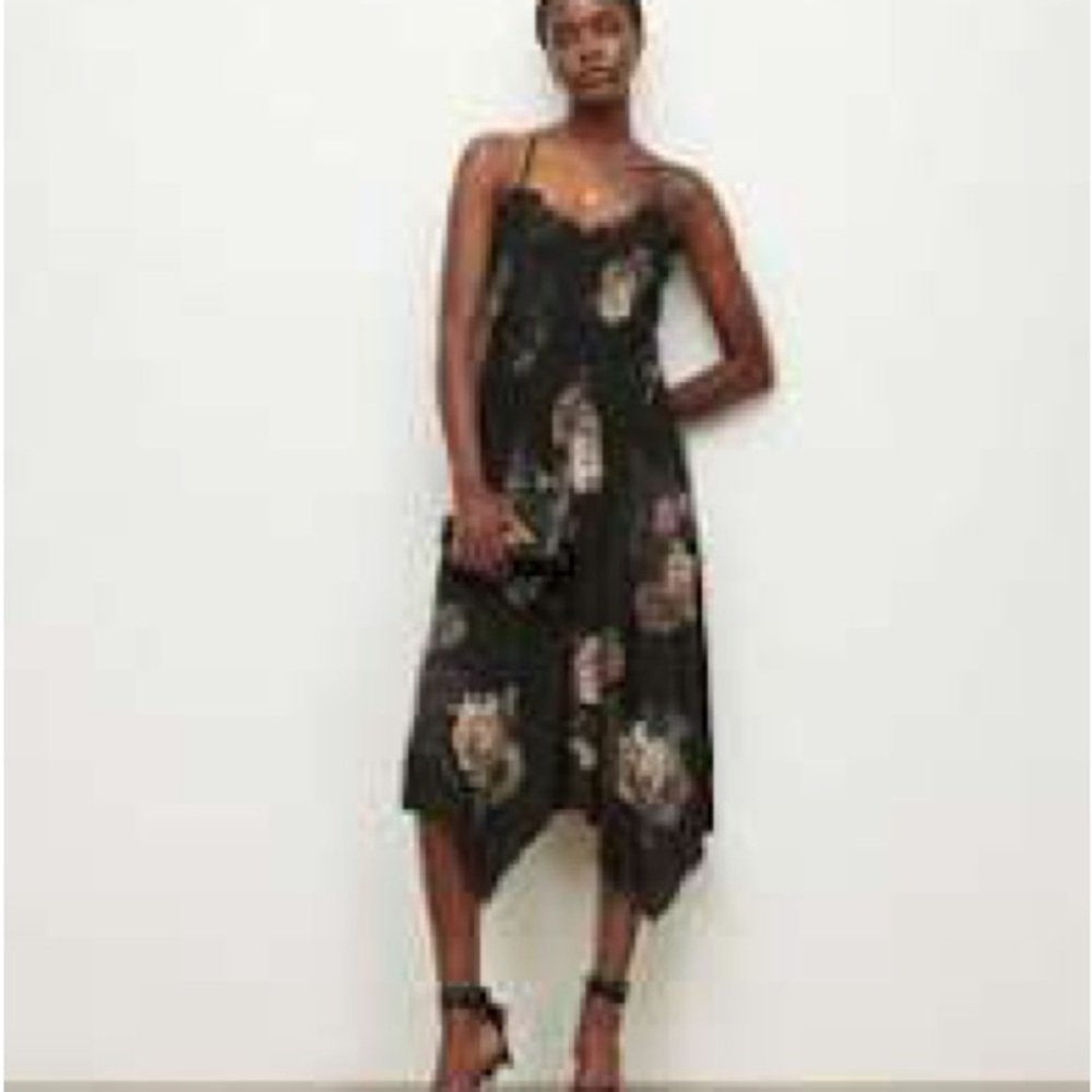 Allsaints size 4micro pleat asymmetrical hem lace detail floral cross back gown